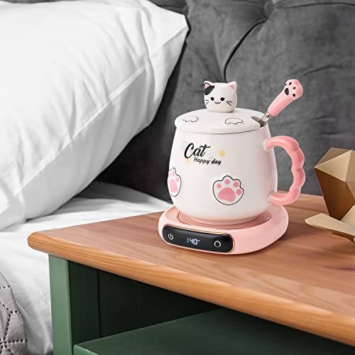 White Cat Mug Warmer & Coffee Mug Set - Portable Beverage Warmer with 3 Temp, Auto Shut-Off
