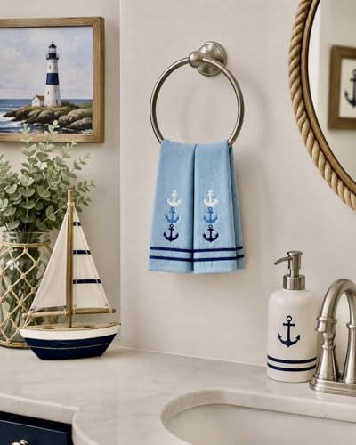 Coastal Nautical Fingertip Towels - 100% Cotton Embroidered Anchors, Set of 2