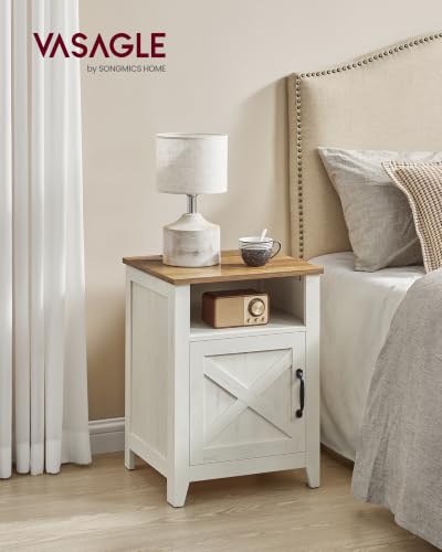 VASAGLE Farmhouse Nightstands Set of 2 with Barn Doors - Rustic White & Honey Brown, No Power