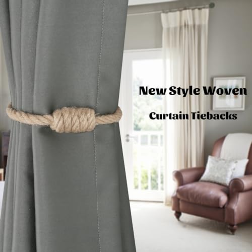 Magnetic Jute Curtain Tiebacks - Hand-Woven Boho Curtain Holdbacks (2 Pack)