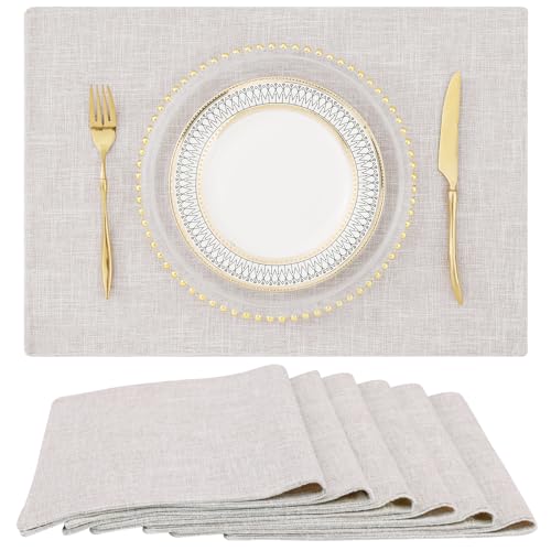 Faux Cotton Linen Placemats Set of 6, Washable Farmhouse Dining Table Mats