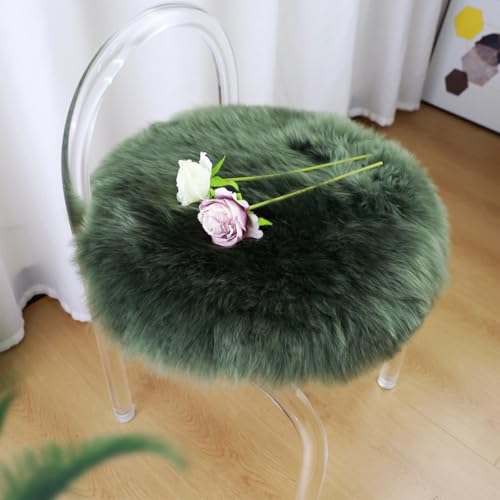 IRIWOOL Military Green Round Sheepskin Chair Cover 16.5" Soft Fur Seat Cushion