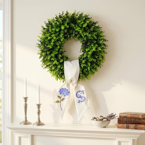 20-Inch Boxwood Wreath with Personalized Monogram Sash for Front Door