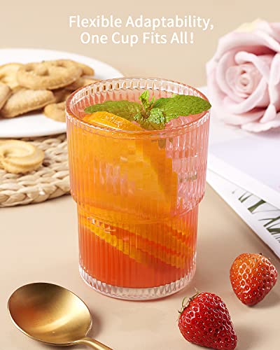 BJMEDYM 6-Pack Clear Ribbed Drinking Glasses 14oz Stackable Bar & Kitchenware