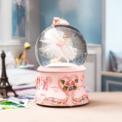 Ballerina Snow Globe Music Box with LED Lights and Rotating Dancer