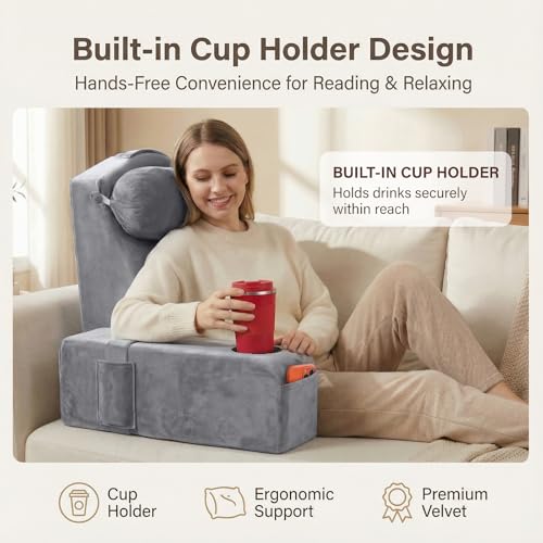 21-Inch Reading Pillow with Detachable Arms and Cup Holder - Gray