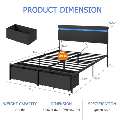 Queen Bed Frame with Storage Drawers, LED Lights & Charging Station