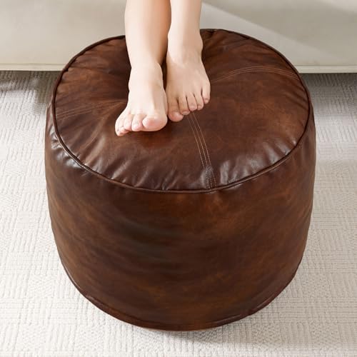 Round PU Leather Pouf Ottoman - 20x15 Inch Pre-Filled Foot Stool