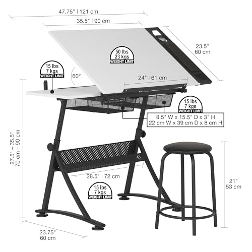 Adjustable Drafting Table and Stool Set with Tilt Top and Storage
