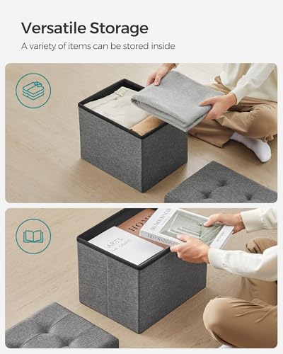 Small Folding Storage Ottoman Footrest Stool, Tufted Fabric - Dark Gray
