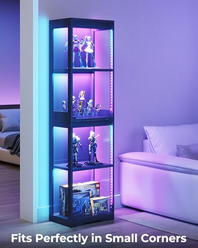 4-Tier Glass Display Cabinet with RGB Lights and Pop-Up Doors