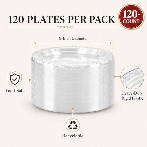 Framo 9 Inch Clear Plastic Dinner Plates 120 Count – Heavy Duty Disposable, 9" Pairing Siblings