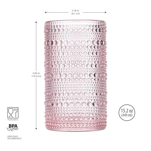 Pink Hobnail Drinking Glasses Set - 15 oz Vintage Beaded Bubble Glassware