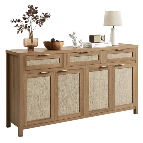 63-inch Rattan Sideboard Buffet Cabinet with 4 Doors and 3 Drawers