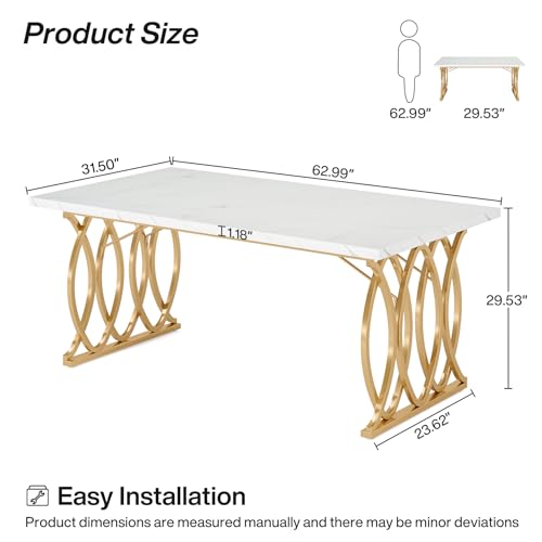 63-Inch Modern Rectangular Dining Table, White Faux Marble and Gold Legs