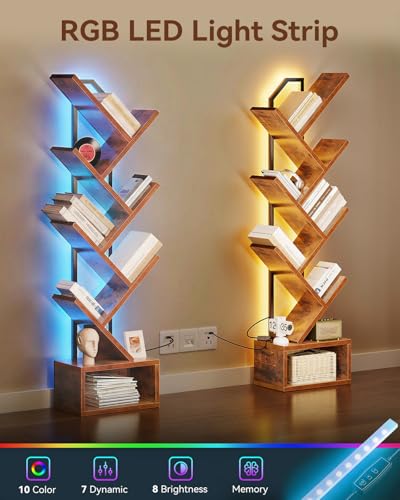 6-Tier Narrow Bookshelf with RGB LED Lights, Vintage Wood & Metal Bookcase