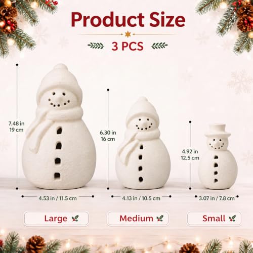 Skylety Rustic Terracotta LED Snowman Figurines Set - Christmas Decor, Battery-Powered Lights