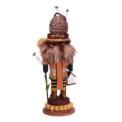 15-Inch Wooden Beekeeper Nutcracker Figurine with Beehive & Sunflowers