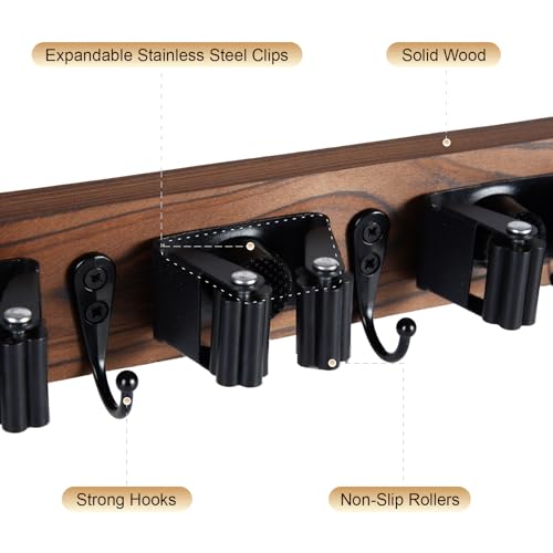 Rustic Wood Broom and Mop Holder Wall Mount with 5 Slots and 4 Hooks