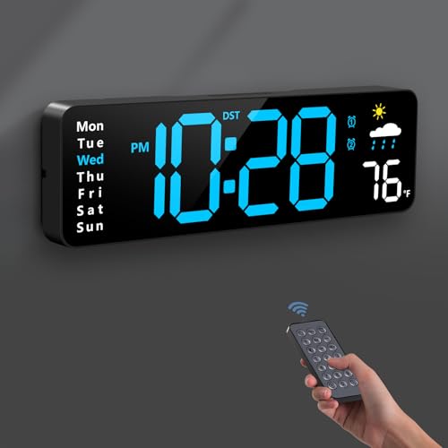 Large Digital Wall Clock with Remote Control, Temp & Humidity (Blue)