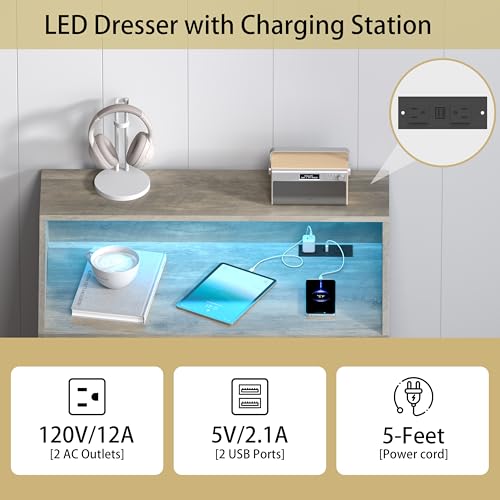 5-Drawer Tall Dresser with LED Lights, Charging Station, and Storage