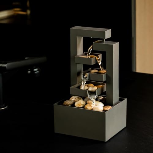 3-Tier Desktop Waterfall Fountain with LED Lights and Natural River Stones