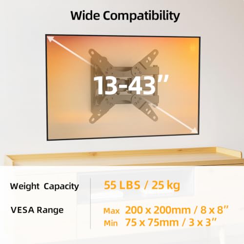 IWORKBOARD 32-43 Inch Full Motion TV Wall Mount for 13-43" TVs & Monitors, 360° Rotating, Tilt & Swivel, VESA 200x200mm, Supports 55 lbs, Easy Install