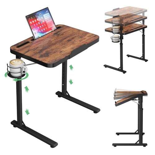Large Adjustable TV Tray Table with Tilting Top and Cup Holder