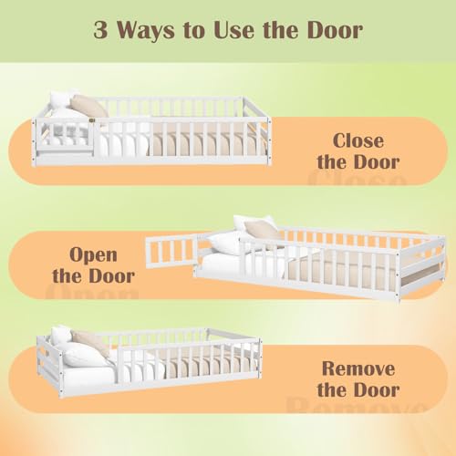 Twin Wooden Montessori Floor Bed Frame with Safety Guardrails & Door
