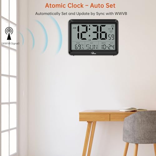 Self-Setting Atomic Digital Wall Clock with Auto DST & Temperature
