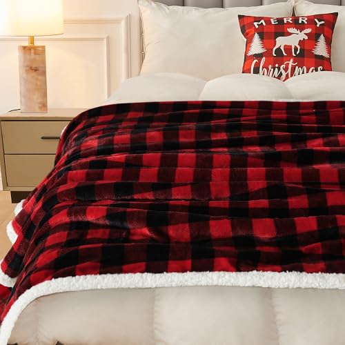 BEAUTEX Twin Sherpa Fleece Buffalo Plaid Blanket - 60x80 inches, Red
