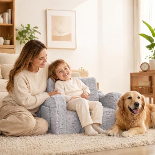 Kids 2-in-1 Foldable Sherpa Sofa Chair - Flip-Out Lounger Couch, Grey