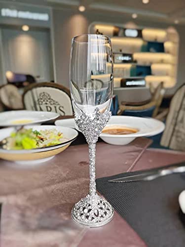 Jozen Gift Silver Crystal Champagne Flutes Set of 2 Wedding Anniversary Party Gift