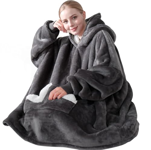 Oversized Sherpa Fleece Wearable Blanket Hoodie with Large Pocket
