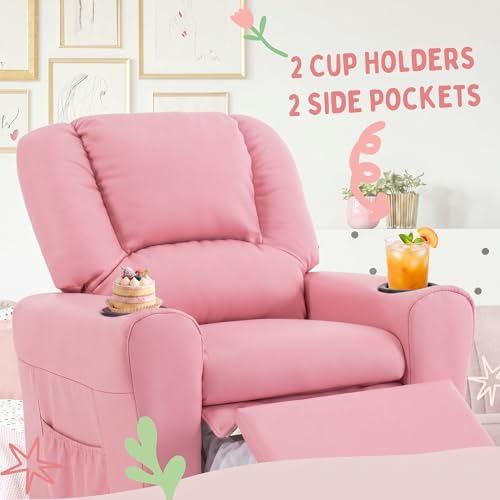 Kids Recliner Chair with Cup Holders and Storage, PU Leather Toddler Sofa