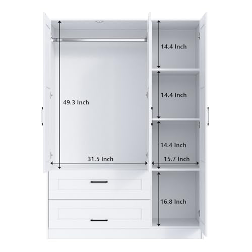 3-Door Wooden Wardrobe with 2 Drawers, White Freestanding Bedroom Closet