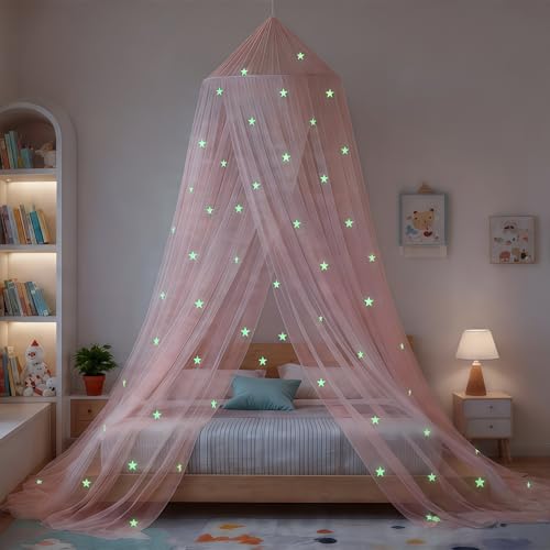 Glow in the Dark Princess Bed Canopy - Pink Hanging Mosquito Net Decor