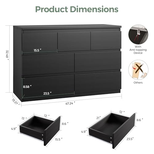 Modern 7-Drawer Wood Dresser - Black Bedroom Chest of Drawers