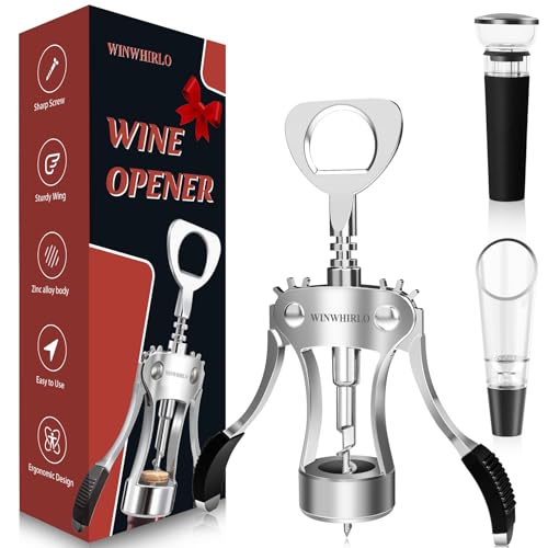 WINWHIRLO 4-in-1 Wine Bottle Opener Gift Set with Corkscrew, Vacuum Stopper & Pourer