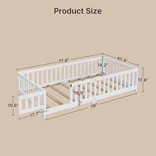 Twin Montessori Floor Bed Frame with Safety Rails and Door, White