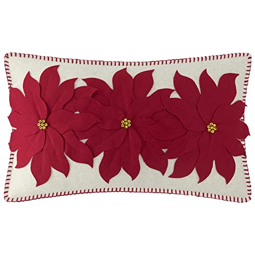 JWH Poinsettia Wool 14x24 Inch Christmas Pillow Cover - NOEL Appliqué