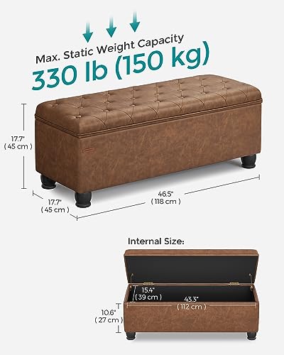 SONGMICS Storage Ottoman Bench 46.5 Inches with Solid Wood Legs, Tufted Upholstered Seat, Multi-Use Furniture