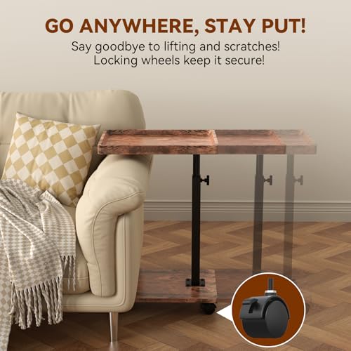 Adjustable C-Shaped Rolling Side Table with Swivel Tray and Wheels