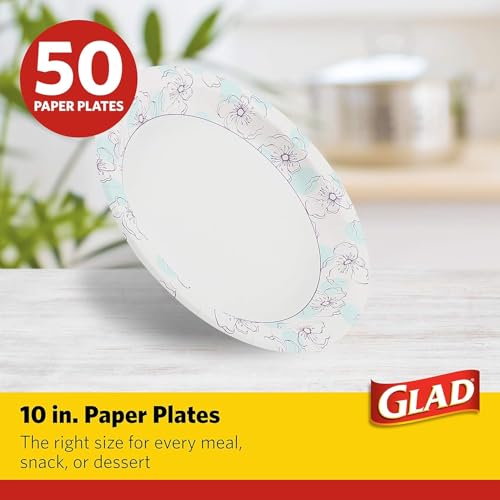 Glad Round Disposable Paper Plates, Blue Flower Pattern - Strong, Sturdy, Soak Proof, and Microwavable Decorative Plates for Dinner and Everyday Use, 10 Inch, 50 Count - 2 Pack