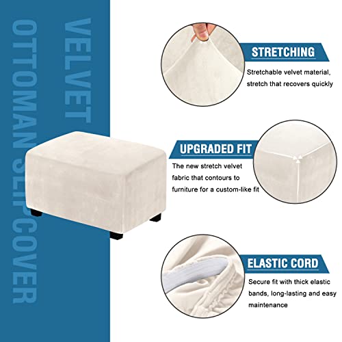 Stretch Velvet Ottoman Cover - Large Rectangle Slipcover, Ivory