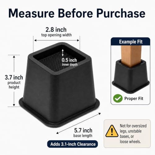 Heavy Duty Bed Risers 3 Inch - 2,000 lbs Capacity Furniture Lifters (4 Pack)