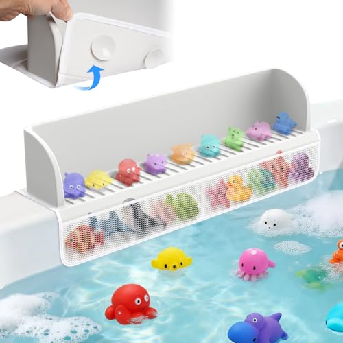 Silicone Bathtub Splash Guard with Mesh Toy Storage Organizer, Gray