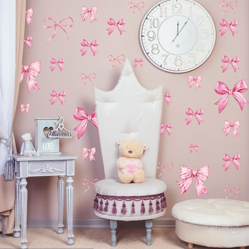 Pink Bow Wall Decals - 46 Pcs Watercolor Bow Knot Peel-and-Stick Stickers
