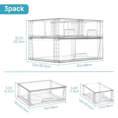 Clear Stackable Storage Drawers 3-Pack Wide Organizer Set