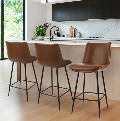 Set of 3 Counter Height Bar Stools, Upholstered Faux Leather with Back